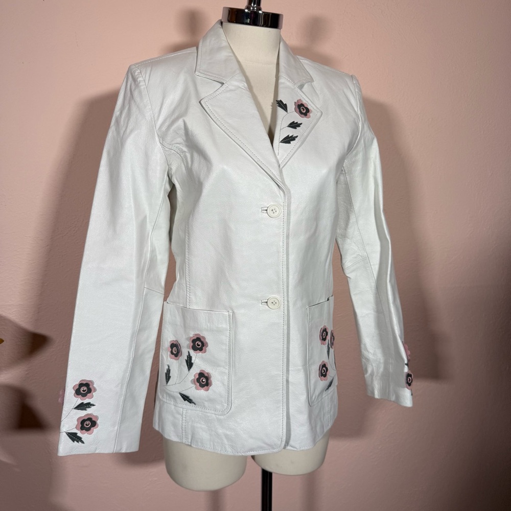 Vintage White Leather feminine appliqué Flower festival jacket Blazer Y2K medium - Picture 17 of 17